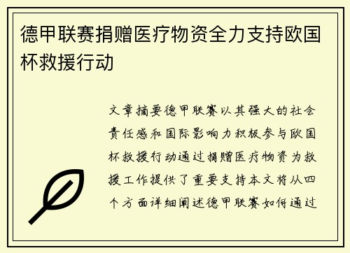 德甲联赛捐赠医疗物资全力支持欧国杯救援行动