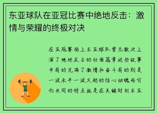 东亚球队在亚冠比赛中绝地反击：激情与荣耀的终极对决